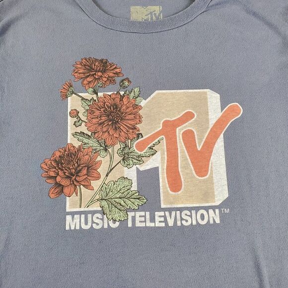 MTV Shirt Womens Large Grey Flower Print Music Television Short Sleeve Tee - Picture 3 of 8